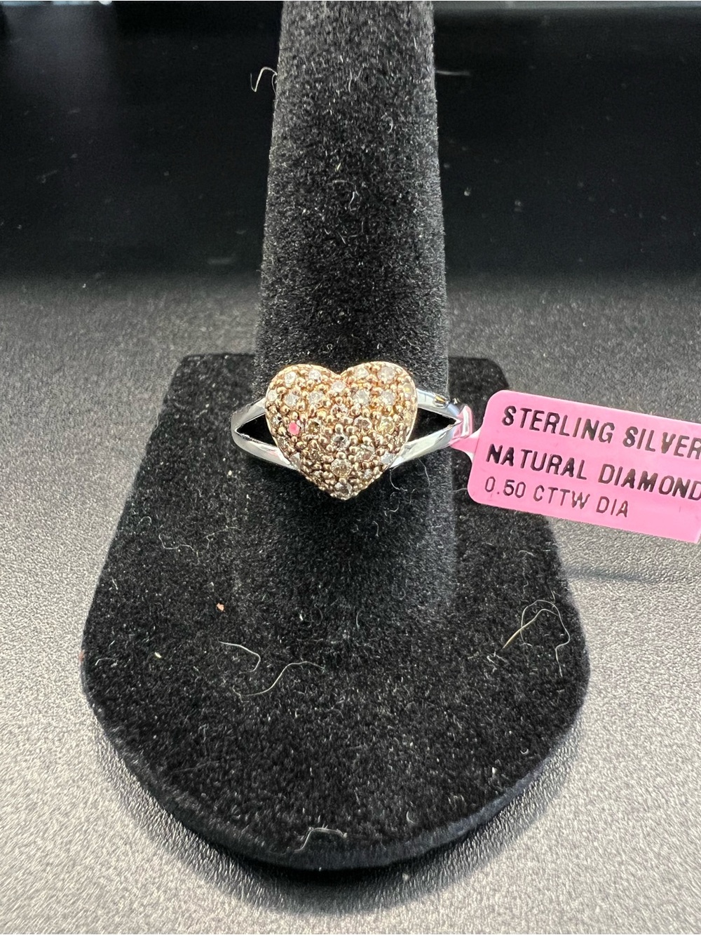 Sterling Silver 925 Heart Cluster Pavé Natural Champagne Diamond Ring 0.50ctw
